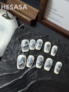 Handmade Short Nail Art Silver Mountain Spring Dyeing Wearable Fake Nails Cold Color Series Chinese Origin Fashion Beauty Tools