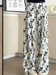 กางเกงขายาวผ้าไหมน้ำแข็งเอวสูงสไตล์ใหม่จีนสำหรับฤดูร้อน กางเกงขายาวทรงตรง กางเกงขายาวแบบยืดหยุ่น กางเกงขายาวลายผูกโบว์ กางเกงขายาวทรงหลวมสำหรับฤดูร้อน