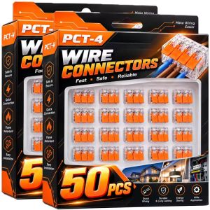 50Pcs PCT-4 Wire Connectors Quick Terminal Block 24-12AWG Snap On Plastic for Electrical Wiring Home Industrial