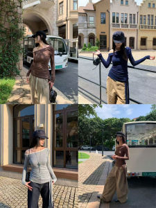 JIANHE Autumn 2025 Womens T-Shirt Asymmetrical Shoulder Tie-Dye Long Sleeve Casual Style Soft Comfortable Polyester Cotton Blend