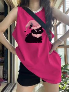 เสื้อกั๊กแขนกุดคอวีผ้าฝ้ายแท้สไตล์ย้อนยุคสไตล์อเมริกันสำหรับผู้หญิงในช่วงฤดูร้อน ทรงหลวมๆ สไตล์บาสเก็ตบอลแบบลำลอง