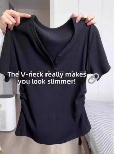 V-neck Short Sleeve Slim Fitting Big Size Womens T-shirt