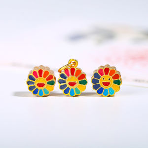 จี้ทองแดงเคลือบไฟฟ้าสีน้ำเงิน สร้อยคอ สร้อยข้อมือ เครื่องประดับแฟชั่นสำหรับผู้หญิง จี้รูปดอกทานตะวันยิ้ม ไม่ซีดจาง