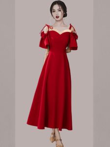 Elegant Long Evening Gown Womens Dress Red Hostess Dress Formal Wear Polyester Fabric Bouffant Sleeve mid Waist A-Line Skirt