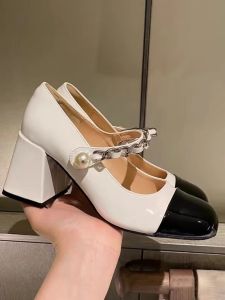 Large Size High Heels Pearl Mary Jane Women Shoes Retro Spliced Color Block Thick Heel Single Shoes Increased Height Slimming