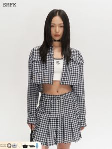 SMFK | Black and White Plaid Long Short Cotton Embroidered Shirt
