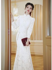 Elegant White Chinese Style Long Dress for Women Beautiful Engagement Dress Lightweight Wedding Dress French Style Zipper Pure Color