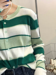 Spring New Loose Womens Knitted Sweater Soft Stripe Pattern Outerwear Cardigan Slimming Long Sleeve Button up Korean Style