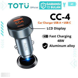 TOTU CC4 Car Charger 48W Digital Display Charger Mobil 2 Port USB C + USB A