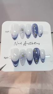 【5in1 Toolkit+HANDMADE】Artificial Nail Light purple French cat eye nails with transparent 3D flowers Press-On Nails Kit Almond/Oval Fake Nails with Tools Reusable Salon-Quality DIY Manicure Set for Women