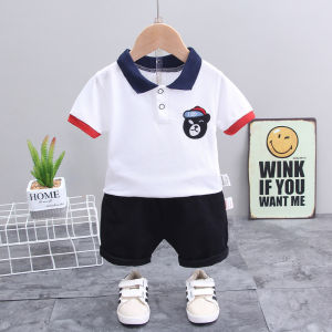 Setelan Anak Laki-laki Kaos Polo Lengan Pendek Kerah Bordir Beruang Celana Pendek Putih Pinggang Elastis Baju Balita Musim Panas Kain Katun Usia 6 Bulan - 5 Tahun