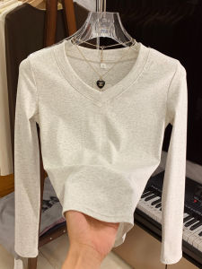 Autumn New Style Womens Slim Fit Cotton V-Neck T-Shirt Long Sleeve Basic Color Base Shirt Casual Style Fashion Design