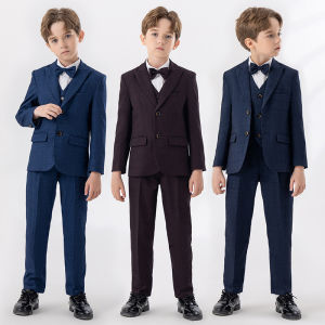 Children 3PCS Suit Set Plaid British Boy Gentleman One Year Old Host Performance Costume Formal Blazer For Kid