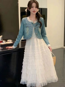 ทันสมัย สไตล์เกาหลี เดนิม เสื้อแจ็คเก็ต และ ผ้าทูลล์ กระโปรง ชุด ผู้หญิง ฤดูใบไม้ผลิ 2024 เอวสูง Midi กระโปรงชั้น ชุดสูทสองชิ้น