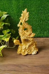 Tượng Rồng cuộn sơn nhũ ngang 14cm x cao 27cm