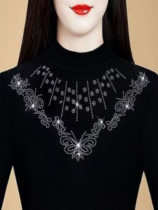 Fashionable Diamond Embedded Fleece Lined Half High Collar Slim Fit Versatile Iron on Diamond Base Top for Autumn Winter