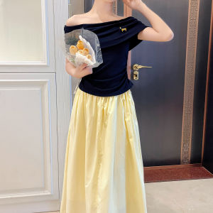 Chen Ailin Short Sleeve T-Shirt One Shoulder High Waist Mini Skirt Slimming Sweet Fashionable Youthful Two-Piece Set for Women