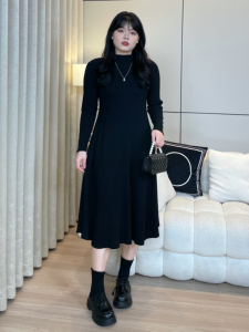 plus Size Knitted Long Sleeve Dress Womens Early Spring Slimming Hiding Waist Halved High Collar Shoulder Length Dress