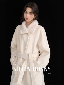Fur Collar Waist-Defined Womens Medium-Length Wool Coat