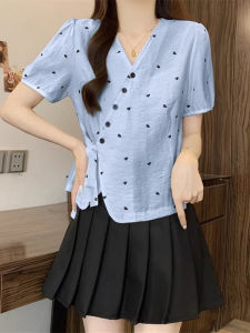 Áo Sơ Mi Nữ Cổ Chữ V Tay Ngắn in Hình Trái Tim Thắt Lưng Nhỏ Mùa Hè 2025 Thiết Kế Mới Áo Thun Polyester Phong Cách Hàn Quốc