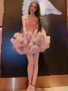 สีชมพูแฟชั่น Feather สั้น เดรส สําหรับงานเลี้ยงวันเกิดการประชุมประจําปีประสิทธิภาพพิธีสําเร็จการศึกษาแสดง ผ้าทูลล์ กระโปรง