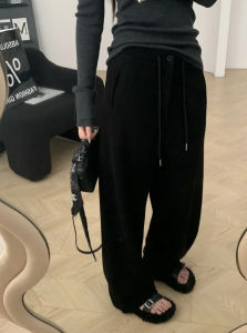 กางเกงขายาวทรงตรงผ้าขนสัตว์สำหรับผู้หญิง กางเกงขายาวทรงหลวมเอวยางยืด กางเกงขายาวทรงหลวมฤดูใบไม้ร่วง/ฤดูหนาว กางเกงขายาวทรงหลวมสำหรับผู้หญิง