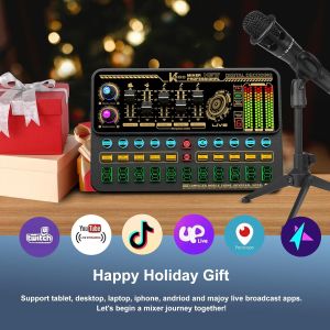 Sound Card K600Sound Effects Board Audio Interface with Voice Changer and LED Lights Live Sound Board for PC Phone Microphone Audio Mixer for Karaoke Streaming Recording Gaming