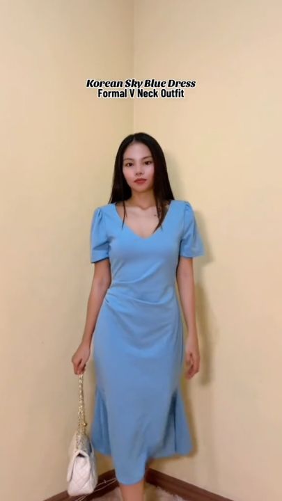 cute semi-formal dress korean Korean Style Nylon Midi Dress for Women - Basic Casual Summer/Spring Wear with Patchwork, V-neck, Long Sleeves, Wrap Hip, Fishtail