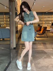 ชุดเดรสยีนส์แขนกุดสไตล์อเมริกันย้อนยุคสำหรับผู้หญิงในช่วงฤดูร้อนปี 2025 ชุดเดรสสั้นคอโปโลระดับไฮเอนด์