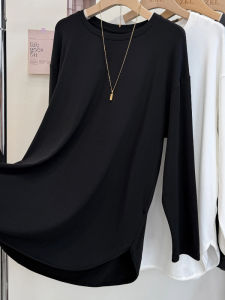 Skin-friendly Long Sleeve Base Shirt Autumn Drape Mask T-shirt Popular Loose Fit Solid Color Casual Top for Women