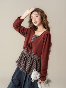 SHANGWEILUO | Áo Thun Dài Tay Carô Đỏ Retro Thời Trang Giúp Gầy