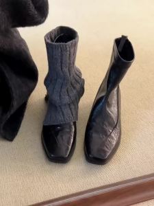 MASHUJIA | Washed Sheepskin Square Toe Low Heel Ankle Boots Women