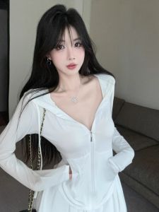 GUZILIAN | Slim Fit Zipper Hooded Light Weight Sun Protection Outerwear Top And High Waist Drawstring Mini Skirt Set For Young Women