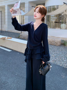 Unique Dark Blue Womens Shirt And Wide Leg Pants Set with Lace Hem 2025 Autumn New Style Casual Fashion Two Piece Suit