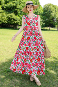 Váy Mùa Hè Bằng Vải Lụa Cotton Kiểu Pháp Mới Cho Ngày Lễ Bãi Biển Quần Áo Đi Chơi Mùa Hè Váy Ngắn Không Tay Cổ Tròn Họa Tiết Hoa