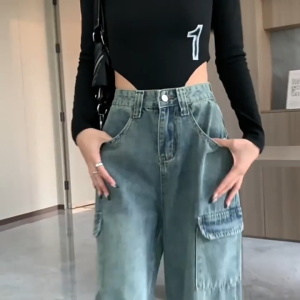 Dream clothes🎃กางเกงขายาวผู้หญิง🥕กางเกงยีนส์วินเทจ กางเกงหลายกระเป๋า สไตล์เกาหลี ลำลองหลวมๆ มีสไตล์และสวมใส่สบาย
