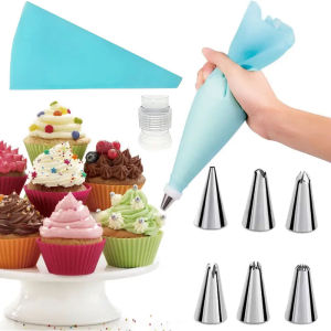 8PCS Cake Decorating Set - 6 Stainless Tips with 12" Reusable Silicone TPU Bag & Converter - DIY Basic Piping Baking Tools Kit