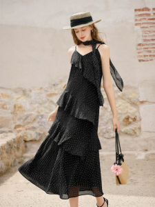 XIANGYING | Polka Dot V-Neck Halter Black Dress