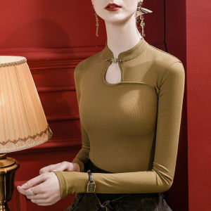 Slim Fit T-Shirt Womens Spring New Style Embroidered Button Stand Collar Design Sense Base Shirt Fashionable Underwear