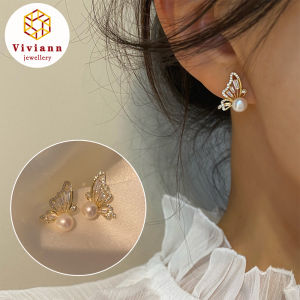 Viviann Original Korean New Light Luxury Zircon Butterfly Pearl Stud Earrings For Women Fashion Crystal Imitation Pearl Sweet Earring Girl Jewelry Gift Gold Color Stud Earrings Wholesale