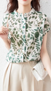Yitiaoyu Womens Shirt Floral Chiffon Blouse Stand Collar Short Sleeve Shirt
