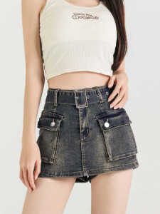 กางเกงขาสั้นผ้ายีนส์เอวสูงสไตล์ย้อนยุคสำหรับผู้หญิง กางเกงขายาวทรงเอ กระเป๋าใหญ่ ดีไซน์อเมริกัน ฤดูร้อน กางเกงขายาวทรงเอสุดเซ็กซี่