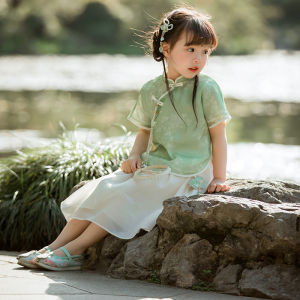 Girls Cheongsam Summer Childrens Revamped Republic of China Style Dress Parent-Child Chinese Style Set Baby Hanfu High End National Trend
