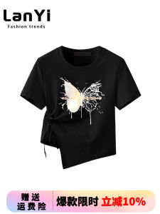Shoulder-Appropriate Drawstring Design round Neck Short Sleeve Womens T-Shirt American Style Summer New Fashion Small Top