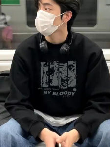 Áo Nỉ Cổ Tròn Dáng Rộng Màu Đen Không Mũ Phong Cách Mỹ Cổ Điển in Họa Tiết Đầu Thu Mới Cho Nam Áo Phông Đa Năng Thoải Mái