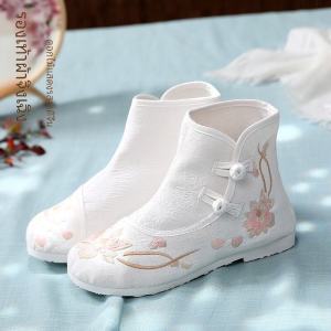 Spring Autumn Short Boots Womens Embroidered Flat Bottom Ancient Costume Shoes Traditional Chinese Style Floral Patterned Flats