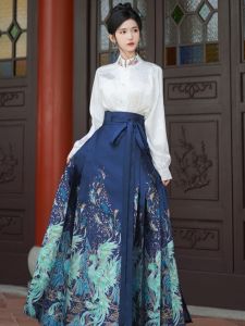 ชุดกี่เพ้าผู้หญิงสไตล์จีนฤดูใบไม้ร่วง/ฤดูหนาว กระโปรงทรงเอเอวสูง ผ้าโพลีเอสเตอร์ ลายดอกไม้ ปักลาย ชุดฮันฟู่