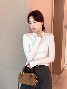 H535 แขนยาวผู้หญิงรุ่นใหม่ T เสื้อเชิ้ตผ้าโมดอลเสื้อตัวในสีพื้นฤดูใบไม้ร่วงเสื้อคอสูงครึ่งคอกลมคอตั้งขนาดเล็ก