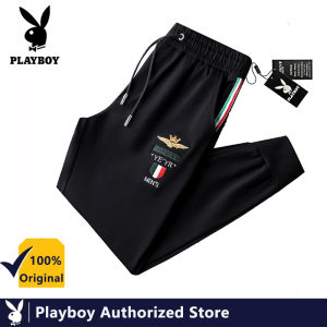 PLAYBOY Mens Pants Autumn and Winter New Fashion Youth Micro-elastic Mid-waist Sports Knitted Diagonal Pocket Embroidery Casual Pants