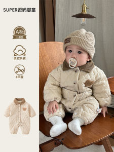 Thickened Cotton Winter Outfit for Babies Cartoon Print Romper Suit with Fleece Suitable for 3-18 Months Old Boys And Girls